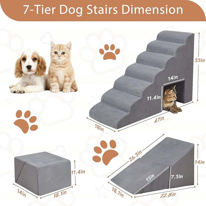 Dog Stairs for High Beds, A.FATI 34inch 7-Step Foam Pet Stairs with Washable Cover, Non-Slip Dog Stairs for Small Old Medium Large Dogs Cats, 33D Foam Balanced -Tier Ladder for Old Dogs/Cats