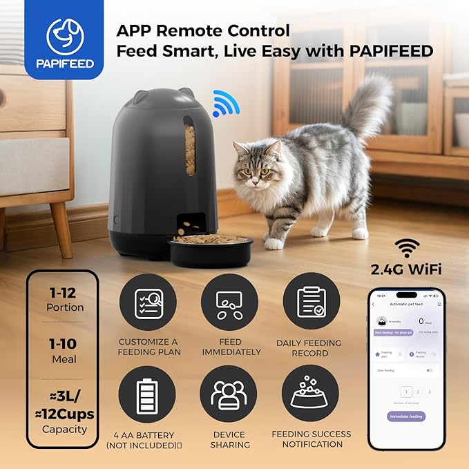 PAPIFEED Automatic Cat Feeder, 2.4G WiFi Auto Cat Food Dispenser with App Control, 3L Auto Pet Feeder with Dual Power Supply, Detachable for Easy Clean for Cats and Small Dogs, Black