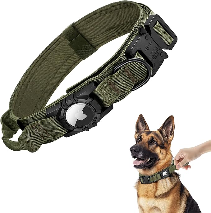 Tactical AirTag Dog Collar - Heavy Duty, Adjustable GPS Collar Compatible with Apple AirTag, with Holder & Control Handle for Medium/Large Dogs [ Green, XL ]