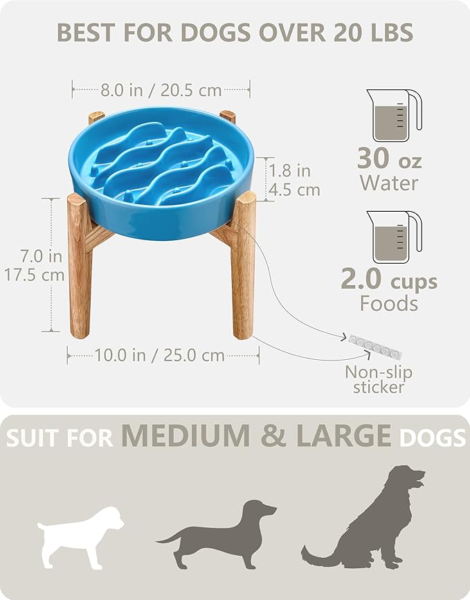 Ceramic Slow Feeder Dog Bowls Elevated, 2.0 Cups Dog Slow Feeder for Medium and Large Dogs, 30oz, 8in, Baby Blue