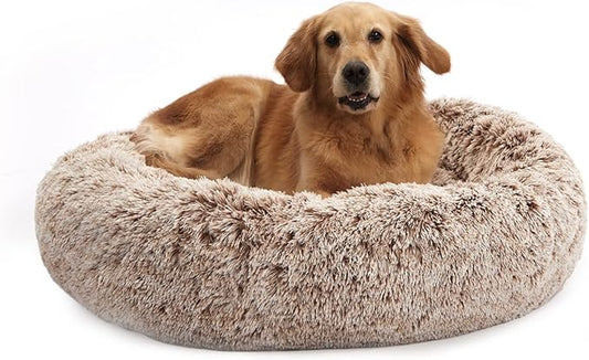 Bedfolks Calming Donut Dog Bed, 36 Inches Round Fluffy for Large Dogs, Anti-Anxiety Plush, Machine Washable (Brown, Large)