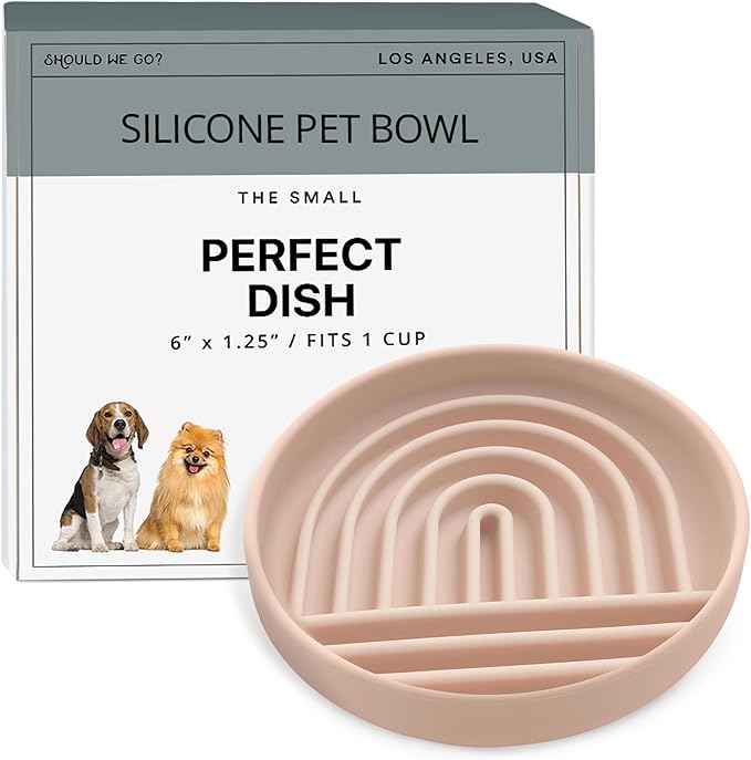 Should We Go? Slow Feeder for Dogs & Cats, The Slowdown Bowl Silicone Slow Eating Mealtime Solution with Modern Lick Mat Design, Reduces Gulping, Fits 1 Cup, 6” Across x 1.25” Tall, Small-Blush