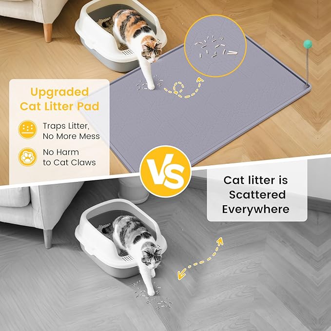 Cat Litter Mat, 38"X25" Large Litter Box Mat, Waterproof and Easy to Clean Silicone Cat Mat for Litter Box, Mat Litter Trapping Mat for Scatter Control, Keep the Floor Clean (Gray)