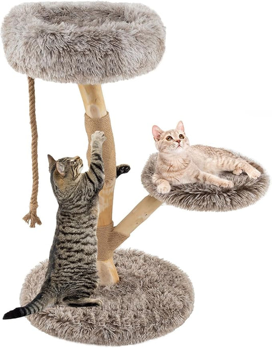 Tangkula Solid Wood Cat Tree, Modern Cat Tower with Scratching Post, Luxurious Perch & Platform, Teasing Rope, Natural Pear Wood, Soft Long Plush, Cute Cat Tree for Indoor Kittens