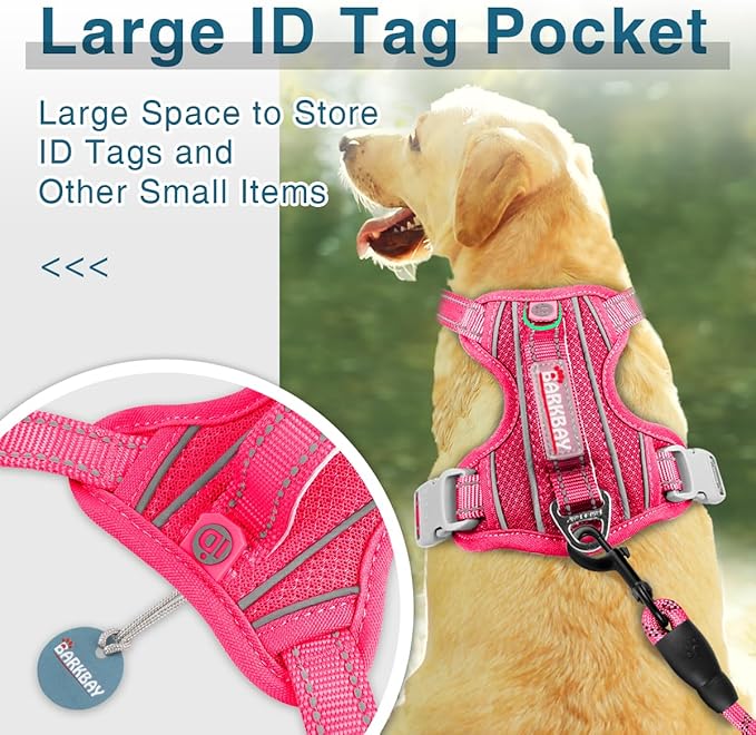 BARKBAY Dog Harness No Pull with ID Tag Pocket - Heavy Duty, Reflective, Easy Control for Large Dogs(Pink,XL)