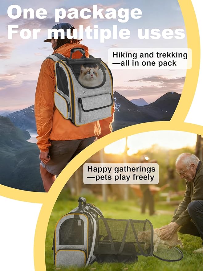 Expandable Cat Carriers for Cats and Small Dogs,Travel Bag with Breathable Mesh Windows, Anti-Escape Leash, Soft Cushion and Lightweight Design,Gray Orange