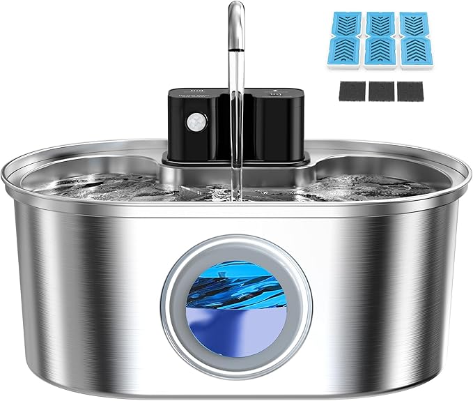 PEKTACO Wireless Cat Water Fountain Stainless Steel, 108oz/3.2L Cordless Battery Operated Pet Water Fountain for Cats Indoor with Quiet Pump, Easy Clean, BPA-Free(3 Filters)