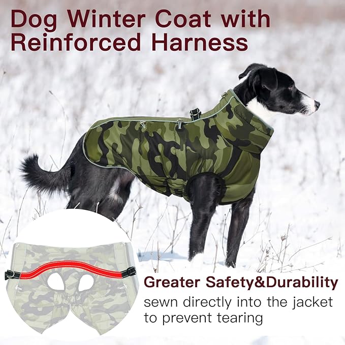Dog Winter Jacket - 3X Large, Warm Zip Up Snowsuit Dog Harness Vest, Reflective, Water-Resistant, Camouflage