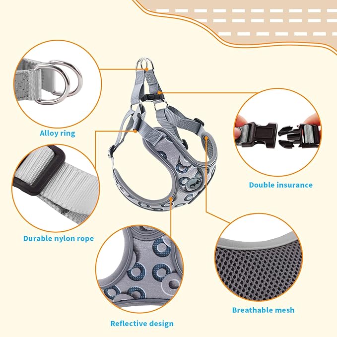 Dog Harness with Leash Set, No Pull Adjustable Step in Dog Harness Vest Harness for Large Dogs Training and Running (L, Gray with Circle)