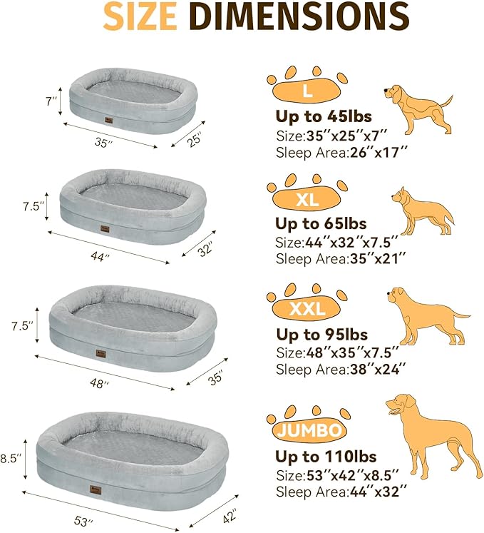 Orthopedic Waterproof Large Dog Bed: Memory Foam Washable Dog Bed with Bolsters - XL Removable Washable Cover for Medium Large Sized Pet - Non-Slip Bottom - Silver