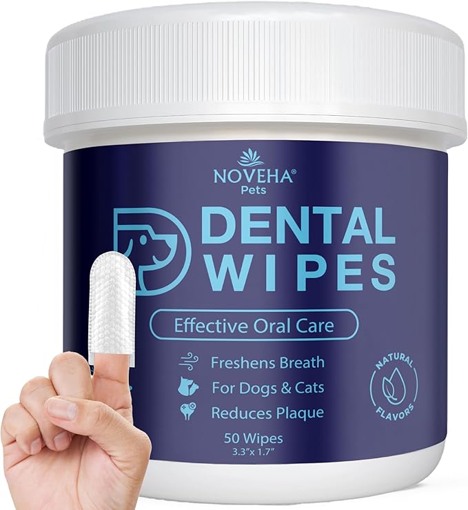 NOVEHA 50PCs Pets Dental Finger Wipes for Dogs & Cats | Freshens Breath, Reduces Plaque | Healthier Gums | Clean Teeth No Toothbrush | Vet Recommended Effective Natural Oral Care | Flavor-Free