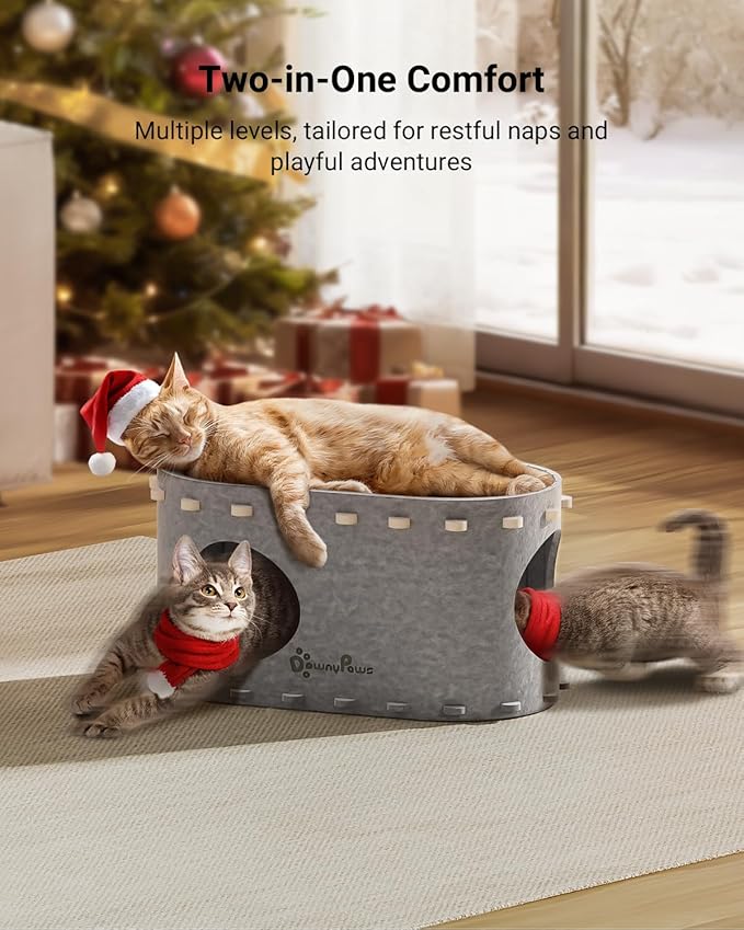 DownyPaws Cat House for Indoor Cats, Cat Bed Cave for Multiple & Large Cats Up to 22 Lbs, Scratch Resistant, Foldable Peekaboo Kitten Caves Tunnel Enclosed Bed, PeekaPurr, Light Gray