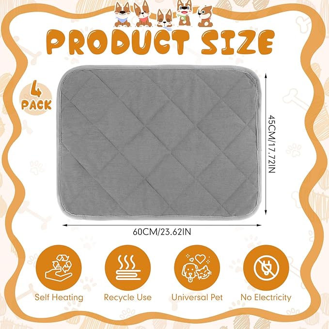 Novabright 4 Pack Self Warming Cat Bed Cat Dog Heating Pad Soft Warm Thermal Mat with Anti-Slip Bottom Dog Crate Pad for Outdoor Indoor Small Dogs Kittens(Gray,17.7 x 23.6 Inches)