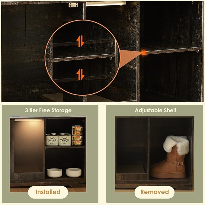 Litter Box Enclosure, Hidden Litter Box Furniture Cabinet with Storage, Cardboard and Sensor Light, Wood Indoor Cat House Washroom, Farmhouse Style, Rustic Brown