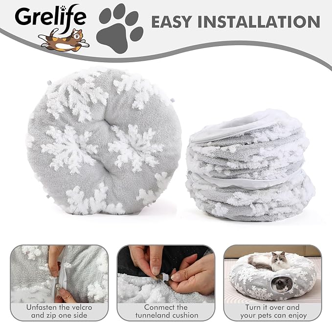 Grelife Cat Tunnel Bed for Indoor Cats, Large Cat Tunnel Christmas Tree Skirt, Cat Donut Tunnel Toys with Warm Plush, Non-Slip Base, Removable Cushion, Perfect for Cats, Kittens, Small Pets(33.4")