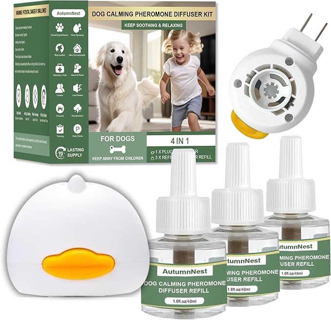 4-Pack Dog Calming Diffuser Kit (1 Diffuser + 3 Refills), Plug-in Pheromone Calming Diffuser for Dog, 90-Day Supply, Covers 700 sq ft, Safe & Odorless Stress Relief Solution, Promotes Relaxed Behavior