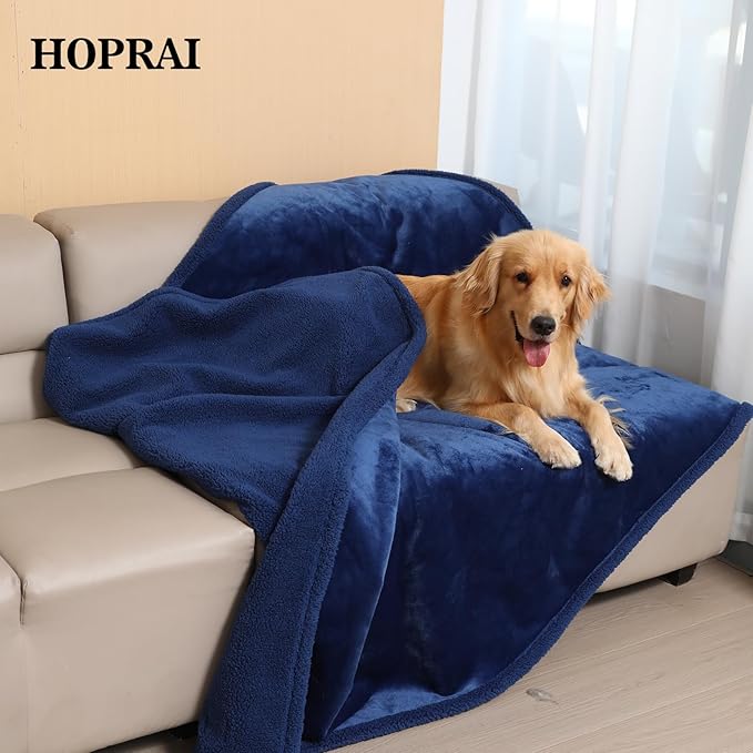 Dog Blanket, Waterproof Reversible Sherpa Fleece Throw Blanket, Furniture Cover for Bed, Couch, Sofa Protection from Liquid Pee and Pet Fur of Puppy, Cat (Navy Blue S28*39inches)