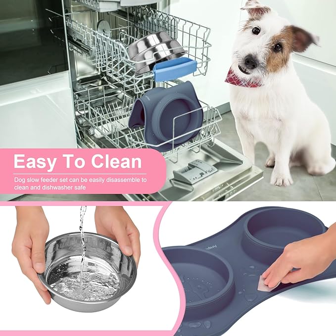 Slow Feeder Dog Bowls 3 in 1 Stainless Steel Dog Food and Water Bowls with Non-Spill and Non-Skid Silicone Mat to Slow Down Eating for Large Medium Small Breed Size Dogs and Cats (Light Grey)