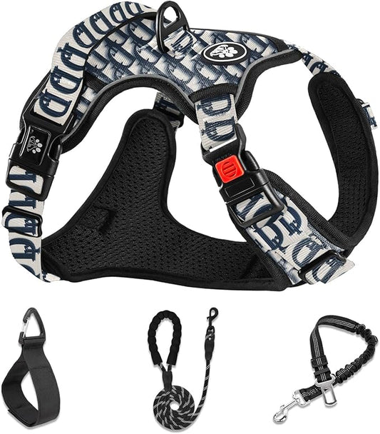 NESTROAD No Pull Dog Harness,Adjustable Oxford Dog Vest Harness with Leash,Reflective No-Choke Pet Harness with Easy Control Soft Handle for Large Dogs(X-Large,Vintage Blue)