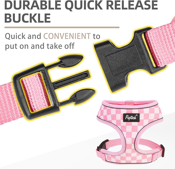 PUPTECK Soft Mesh Dog Harness and Leash Set Pet Puppy Cat Comfort Padded Vest No Pull Harnesses, Checkered Pink&White, XS