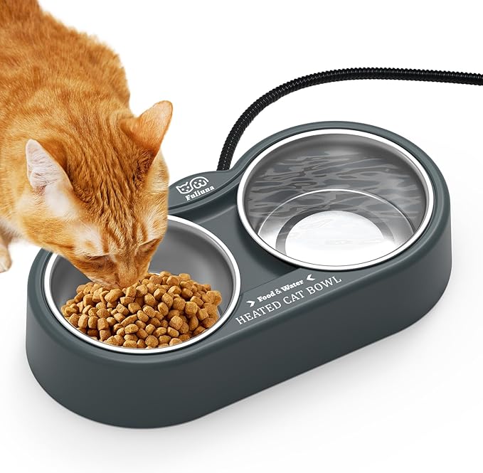 Heated Cat Bowl in Winter, Outdoor Heated Pet Bowl with Double Stainless Steel Bowl 23 OZ, Heated Water Food Bowl for Cat Pet, Thermal Pet Bowl Provide Drinkable Water and Hot Food.