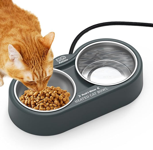 Heated Cat Bowl in Winter, Outdoor Heated Pet Bowl with Double Stainless Steel Bowl 23 OZ, Heated Water Food Bowl for Cat Pet, Thermal Pet Bowl Provide Drinkable Water and Hot Food.