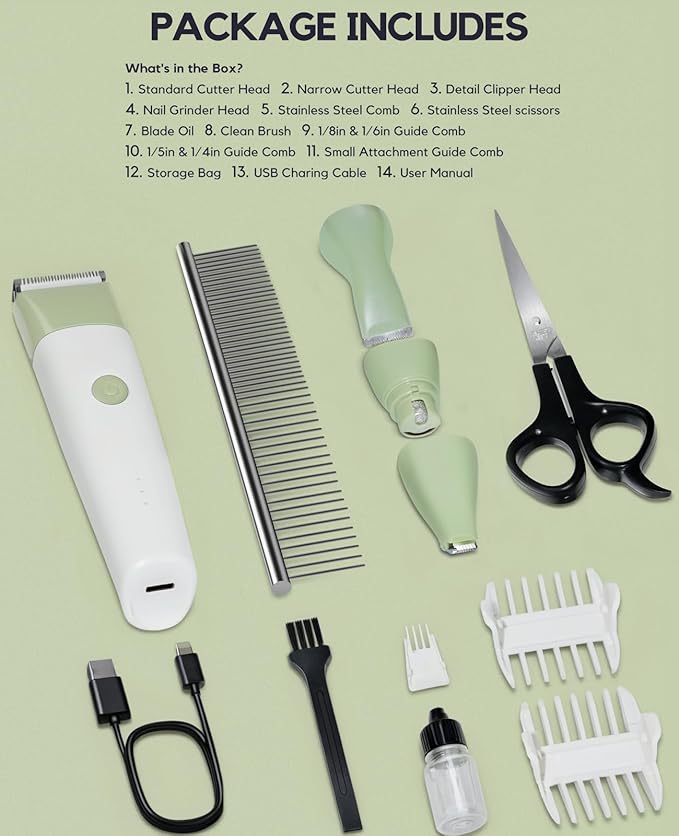 Dog Clippers Grooming Kit, 4 in 1 Quiet Cordless Dog Paw Trimmer & Nail Grinder, Small Cat Clippers Electric Rechargeable Low Noise Pet Shaver for Trimming Hair on Paw Eye Ear Face Rump, Green