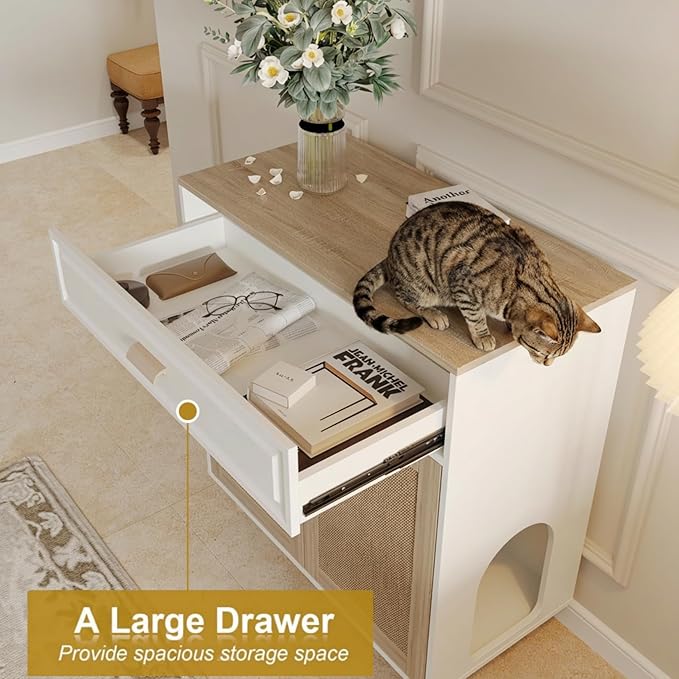 Cat Litter Box Enclosure Furniture Hidden Indoor 2-in-1 Wooden Cat House & Washroom Cabinet with Scratching Board Doors and Drawer, 31.5"x15.7"x34.6"H