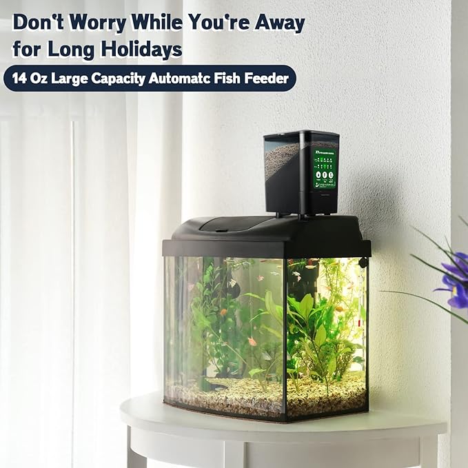 Large Automatic Fish Feeder, 14 Fl.Oz Patented Revolutionary Design Aquarium Food Tank Dispenser with Timer, Auto Feeding Moisture-Proof Electric Adjustable Battery Operated Feeders for Holidays