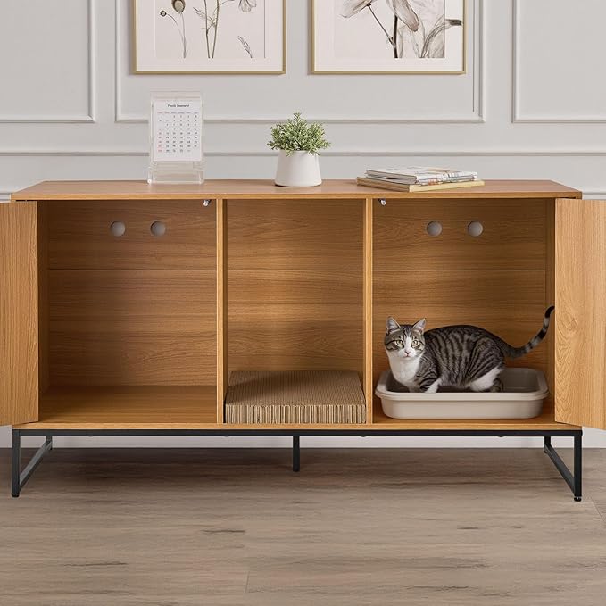 VEVOR Cat Litter Box Enclosure Furniture, 47.2 in Hidden Litter Box Cabinet with Scratch Pad & Storage, Waterproof Cat Washroom End Table Cat House, Fit Most of Litterbox, for Bedroom Living Room