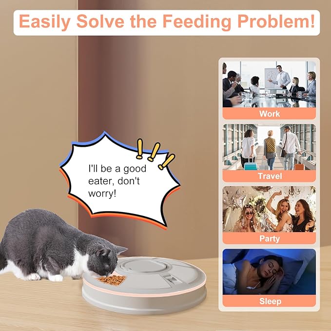 Automatic Cat Feeder for Dry Food,Supplement & Treats， 6 Compartment Timed Cat Food Dispenser for Cats and Small Dogs，No Ice Needed Automatic Dog Feeder (Pink)