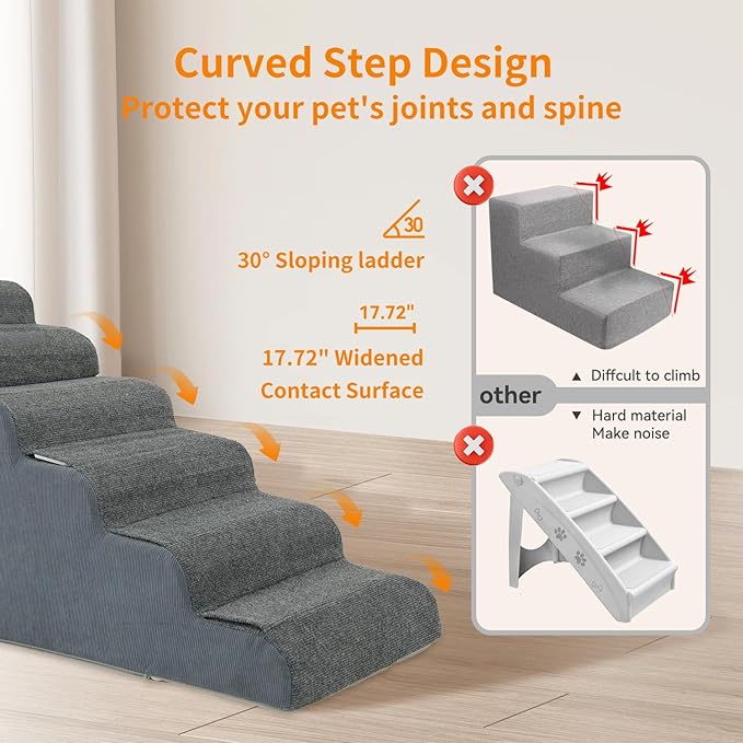 6-Steps Dog Stairs for High Bed and Couch, Wider Pet Stairs for Small Old Large Dogs Cats,30°Steady Non-Slip Dog Steps, Washable Dog Ramp with Removable Cover, PE Boards