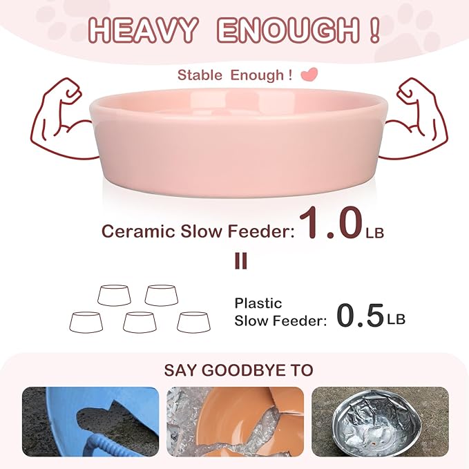 TRUVIC Ceramic Slow Feeder Dog Bowls Small Breed, 0.6 Cup Slow Feeder Cat Bowls for Fast Eaters, Ceramic Dog Food Dish no Black Chin, Puzzle Bowl for Small Dogs and Cats, Pink