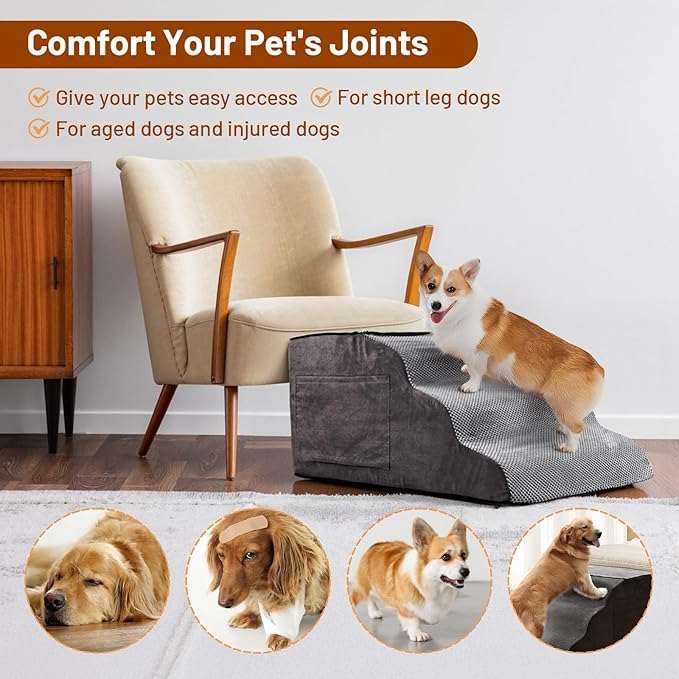 6-Step Dog Stairs – Non-Slip Pet Ramp for Bed, Couch & Car, Wide Steps for Puppies & Senior Dogs, Sturdy Grey 43.3"x19.7"