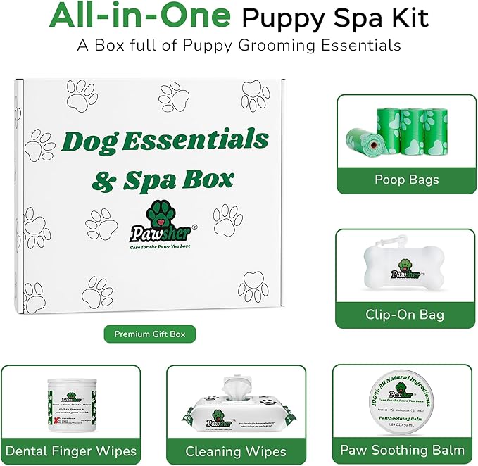 Dog Essentials Starter Kit - Dog Lovers Gift Box with Pet Wipes, Paw Balm, Dental Teeth Cleaning Wipes and Poop Bags Set - Complete Dog Care for Travel & Camping