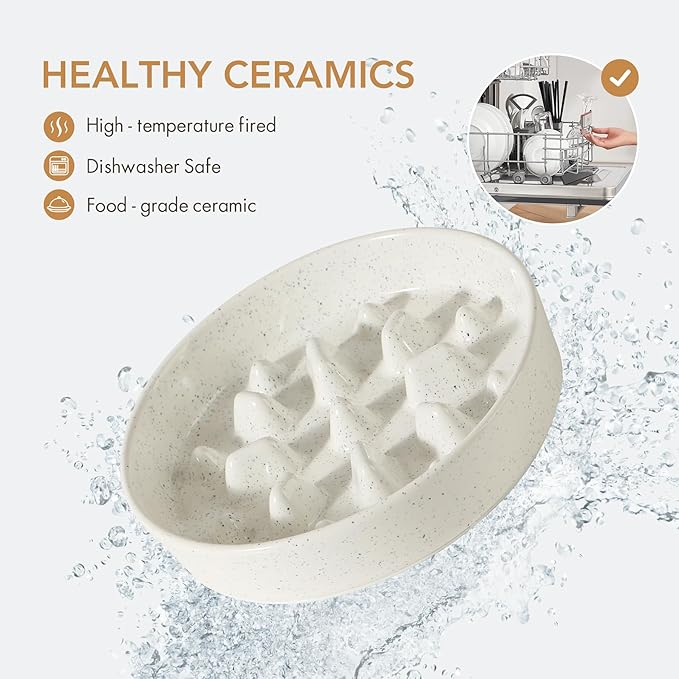 Ceramic 1.6 Cup Raised Slow Feeder Dog Bowl Set, Elevated Acacia Wood Stand for Medium and Large Dogs, 8.2inch Slow Pet Dish for Fast Eaters(1 Bowl & Stand, Vanilla White)