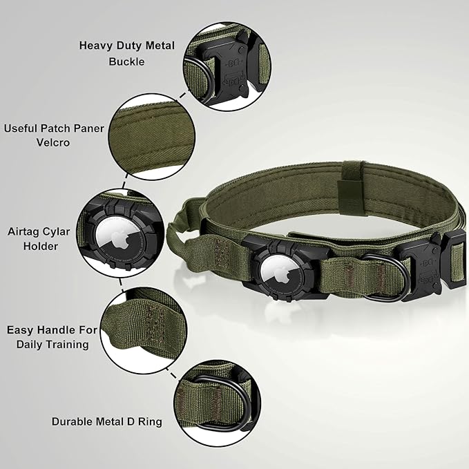 Tactical AirTag Dog Collar - Heavy Duty, Adjustable GPS Collar Compatible with Apple AirTag, with Holder & Control Handle for Medium/Large Dogs [ Green, M ]