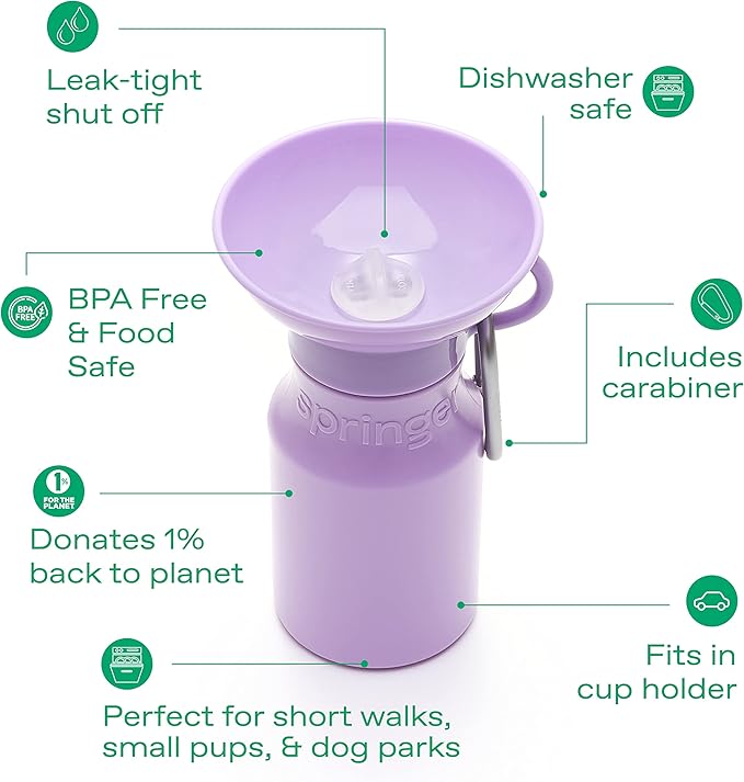 Springer by Springland Dog Water Bottle | Portable Travel Water Bottle Dispenser for Dogs | Dog Gift Seen on Oprah's Favorite Things, Shark Tank | Leak-Proof Bottles | BPA-Free 15oz Lilac