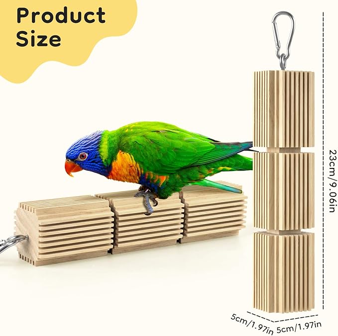 2 Pcs Bird Chew Toys, Natural Hanging Parrot Foraging Beak Grinding Wood Blocks, Birds Cage Accessories for Quaker, Caique, Conure, Cockatiel, African Grey