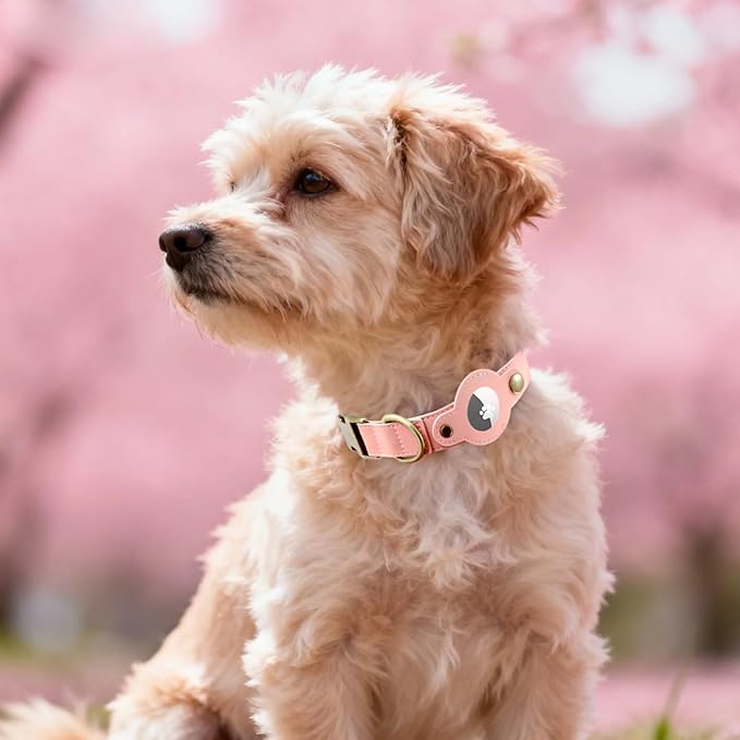 AirTag Dog Collar for Small Dogs Puppy - Soft Leather Dog Collar with Apple AirTag Holder and Metal Buckle - Smart Tracker GPS Apple Air Tag Pet Collars (Pink, S)