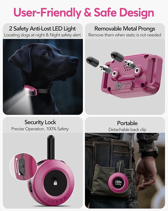 Jugbow Dog Training Collar - 3/4 Mile Dog Shock Collar with Remote for Large Medium Dogs, Rechargeable IPX8 Waterproof E-Collar with 3 Training Modes, LED Light & Security Lock (Pink)