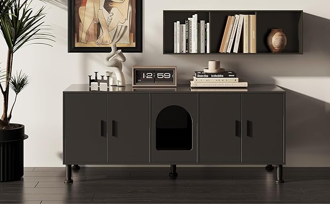 Double Litter Box Enclosure with Cat Scratch Mat & Motion Sensor Light, Wooden Litter Box TV Stand for 2 Litter Boxes & 2 Cats (Black)