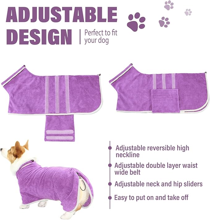 Dog Robe - Fast Drying Towel - Microfiber Super Absorbent Pet Bathrobe, Adjustable Collar & Belly Strap (Purple, Medium)