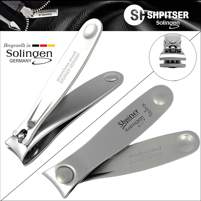 Shpitser Manicure and Pedicure Set of 4 Surgical Stainless Steel Instruments, Made in Solingen, Germany, Luxury Topinox Grooming Kit In Full Grain Nappa Leather Case (Black)