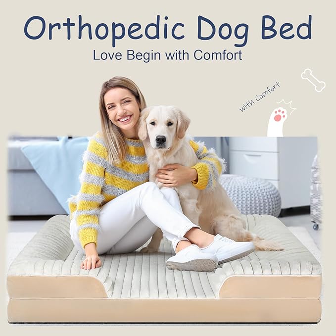 Orthopedic Dog Bed for Large Medium Sized, Washable Memory Foam Large Dog Bed Premium Soft Corduroy Fleece, Durable Medium Pet Sofa with Removable Cover, Washable Waterproof Pet Couch Beds(White,XL)