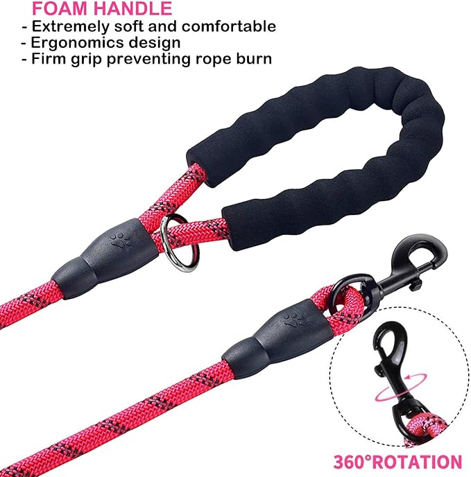 JSXD 5 FT Heavy Duty Double Handle Dog Leash with Comfortable Padded and Reflective Rope, for Small to Large Dogs (Rope-Red)