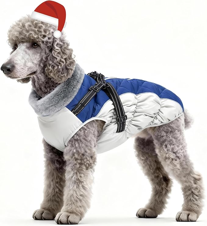 Dog Winter Coat with Harness, Dog Jacket, Pet Clothes with Zipper on Back, Waterproof Windproof Warm Vest, Reflective Cold Weather Coats, for Small Medium Large Dogs, Thick, Blue, M