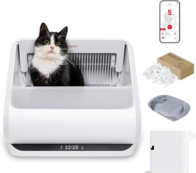 Popur X5 Cat Robot Kitty Litter Box Automatic Self Cleaning for Multiple Large Cats - Core Bundle Best Value Includes Smart Sifting Litter Pan, Odor Control Plastic Waste Bin, Extra Liner & Trash Bags
