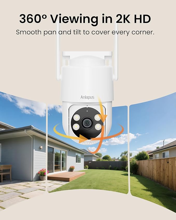 Anlapus 2 x C281 3MP 2K Security WiFi Camera Outdoor, 360° Pan/Tilt Wired Security Camera, AI Detect, Auto Track, Color Night Vision, 2-Way Talk, 2.4/5GHz, Light Siren Alarm, Cloud/Memory Card Storage
