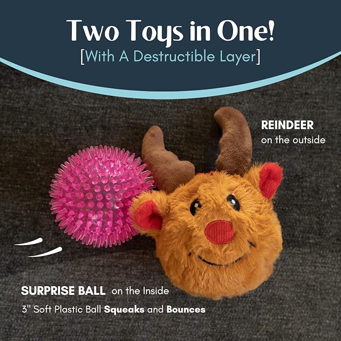 Flourish Pets 2 in 1 Christmas Multi-Layer Chew Toy for Active Dogs | Non-Toxic BPA Free Double Stitched Soft Fabric and Long-Lasting Dog Plush Toys (Reindeer 3.5")